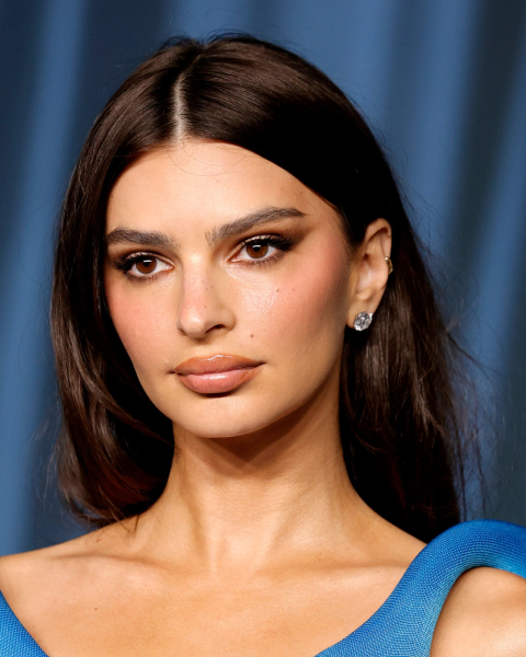 Closeup shot of Emily Ratajkowski with glossy espresso hair